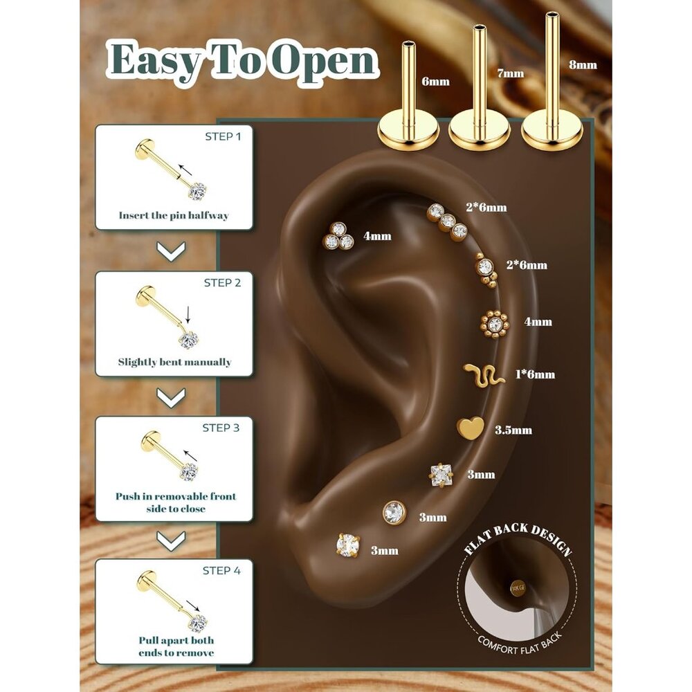 Threadless Flat Back Earrings Hypoallergenic Nose… - image 2